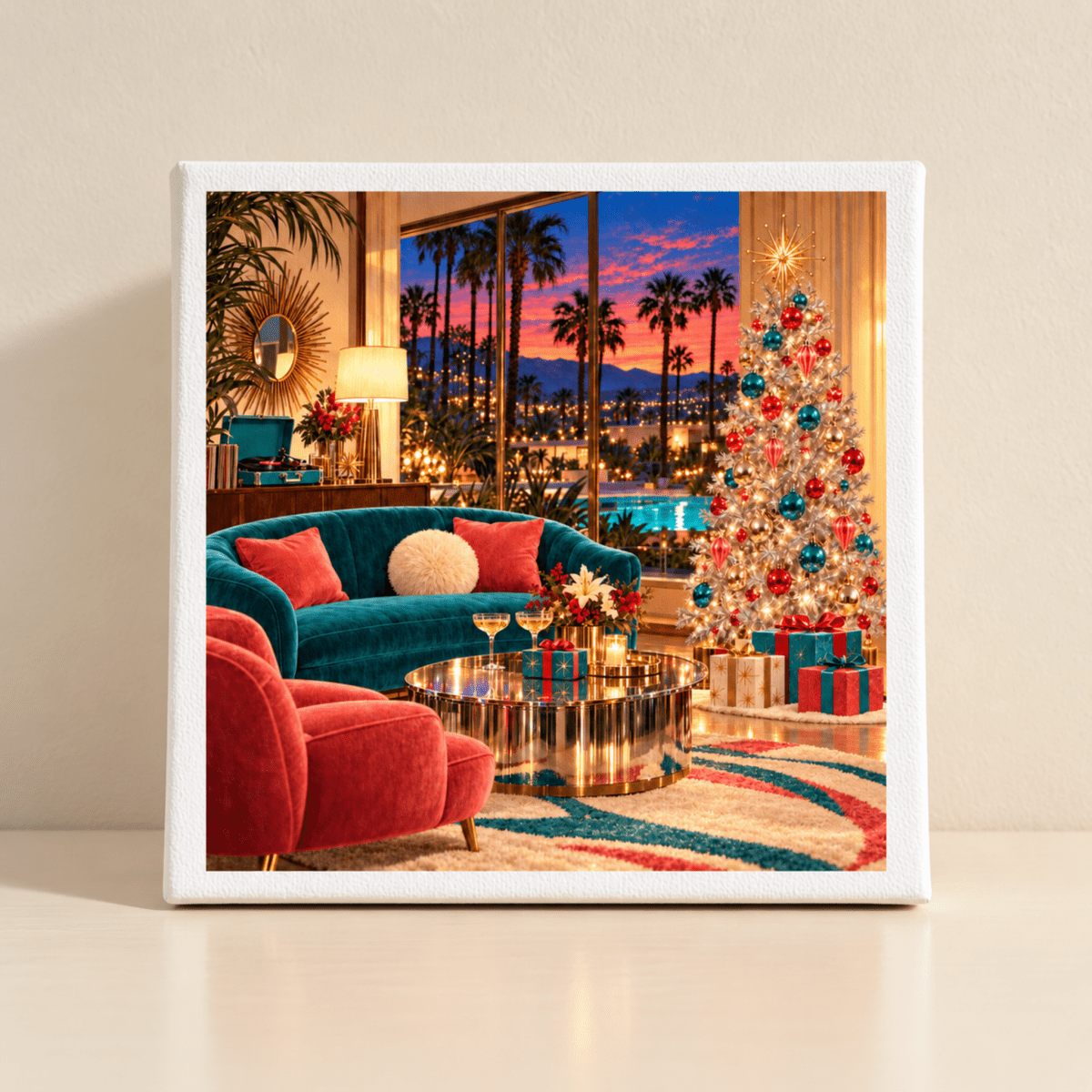 Company’s Coming Christmas Canvas | Chrome & Starlight shows a mid-century living room decorated for Christmas with a silver tree, turquoise and coral furniture, and a sunset view of palm trees through a large window.