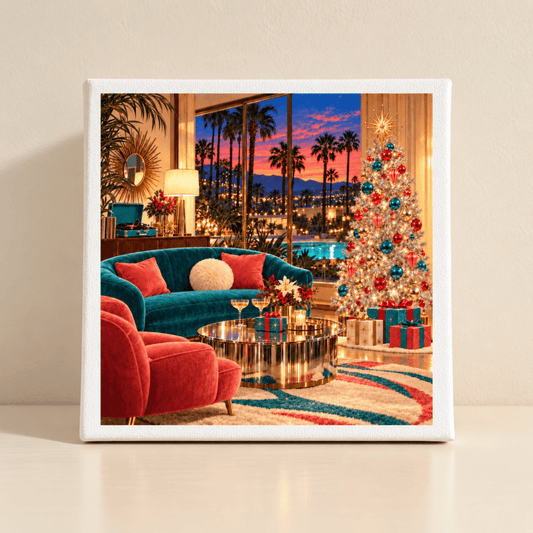 Company’s Coming Christmas Canvas | Chrome & Starlight shows a mid-century living room decorated for Christmas with a silver tree, turquoise and coral furniture, and a sunset view of palm trees through a large window.