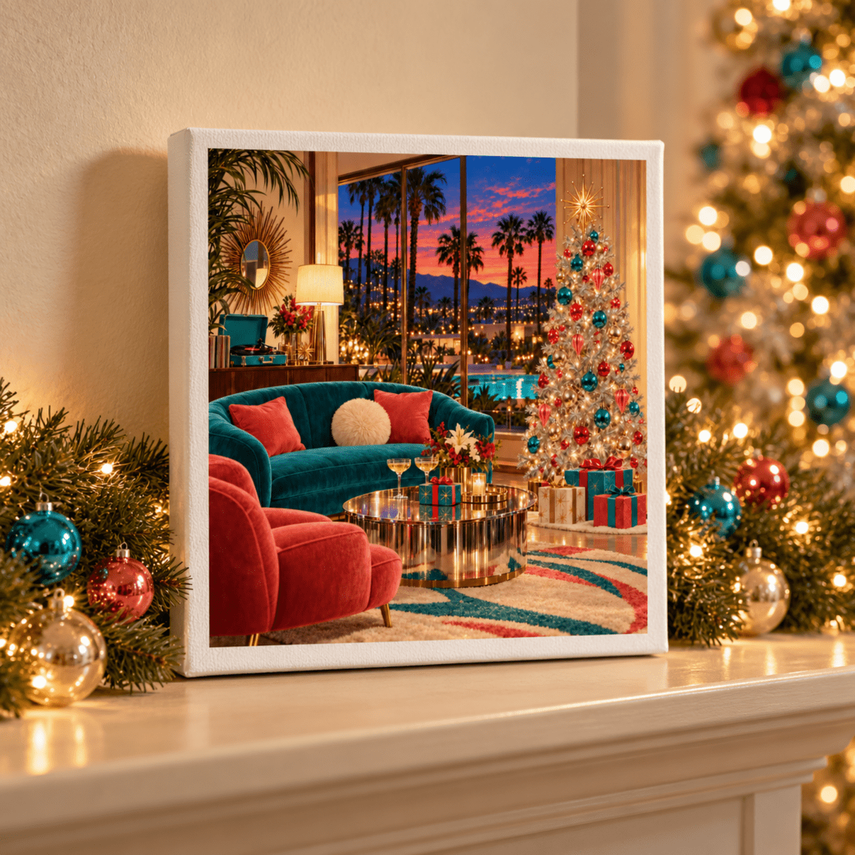 Company’s Coming Christmas Canvas | Chrome & Starlight displayed on a mantelpiece, showing a mid-century living room with a silver tree, turquoise and coral accents, and a view of a sunset palm tree landscape.