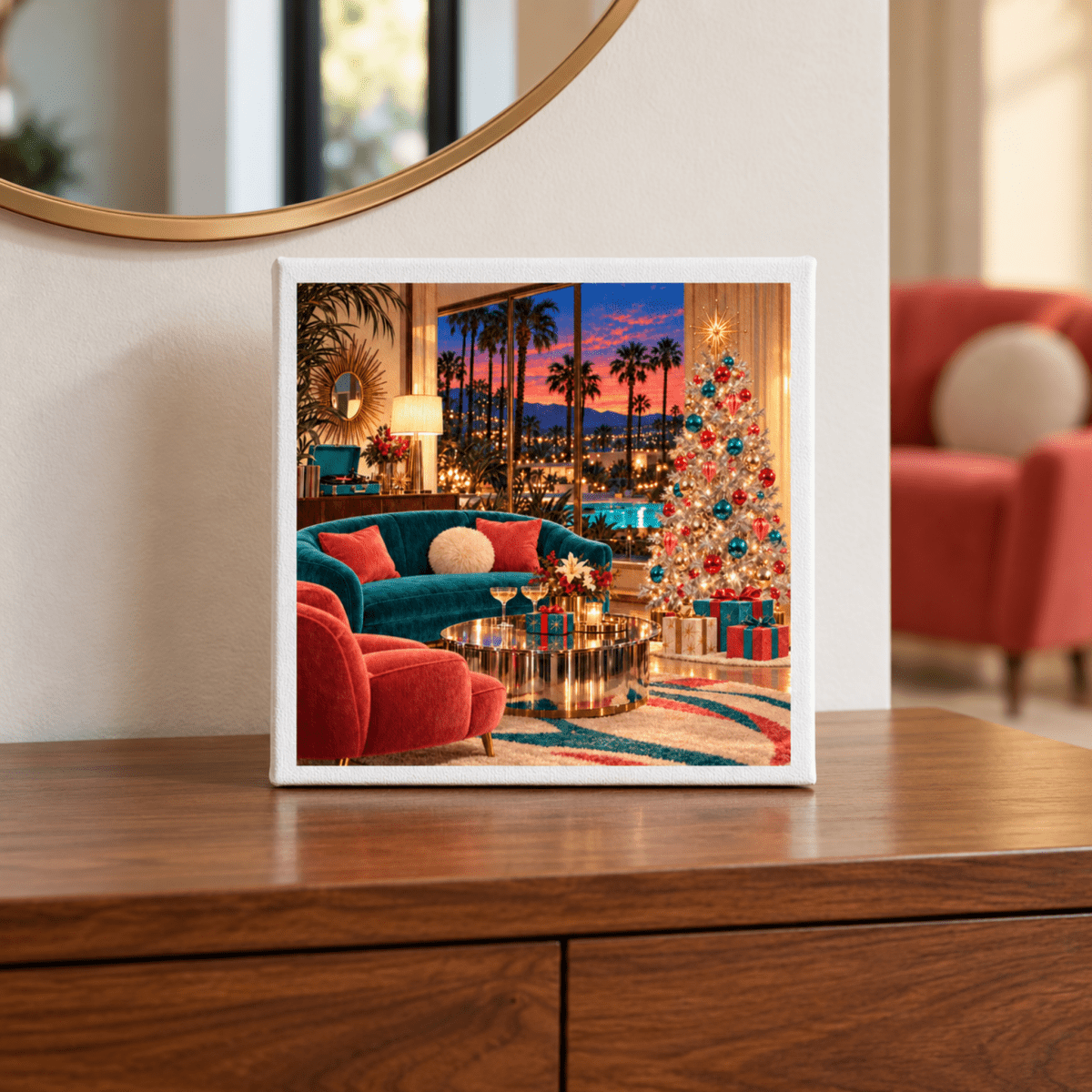 Company’s Coming Christmas Canvas | Chrome & Starlight square print featuring a silver Christmas tree and sunset palm trees, displayed on a wooden surface in a mid-century style.