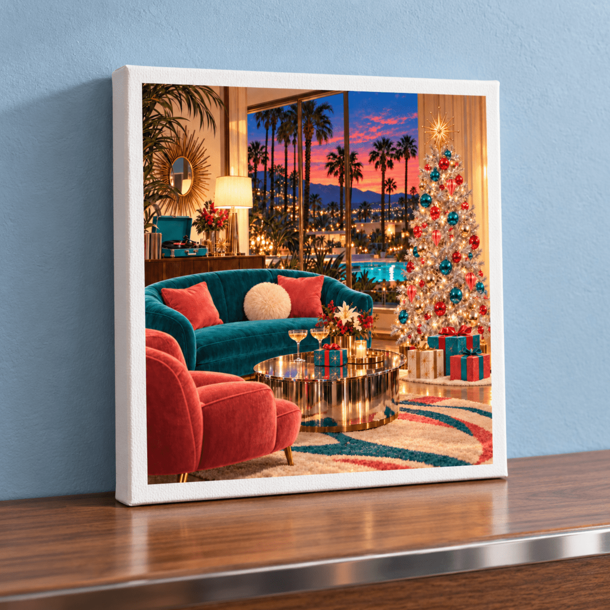 Company’s Coming Christmas Canvas | Chrome & Starlight featuring a mid-century living room with a lit tree, turquoise and coral furniture, and a sunset view of palm trees through large windows.