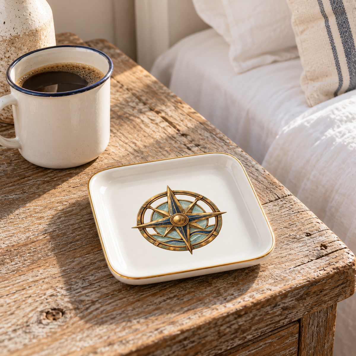A square Sea Glass Compass Jewelry Tray with blue accents sits on a wooden side table beside a mug of coffee.