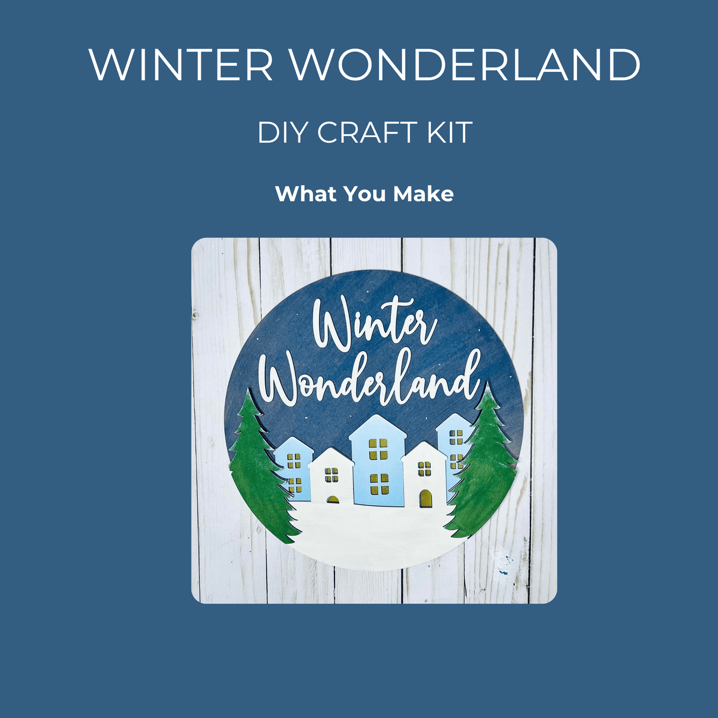 Mirabilia Boutique’s Winter Wonderland DIY Sign Kit lets you paint white houses, green trees, and “Winter Wonderland” on a dark blue sky—create your own festive holiday décor for home!.