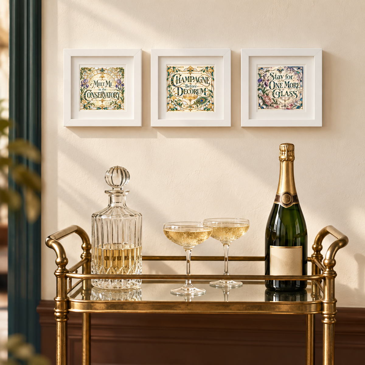 A gold bar cart displays a decanter, two champagne glasses, and a champagne bottle. Above it hangs the Conservatory After Hours 5x5 Shadowbox Trio from Mirabilia Boutique’s Gilded Reverie collection, featuring three framed prints with ornate text: “Conservatories,” “Champagne Decorum,” and “One More Glass.” This refined arrangement brings sophisticated home bar decor to any space.