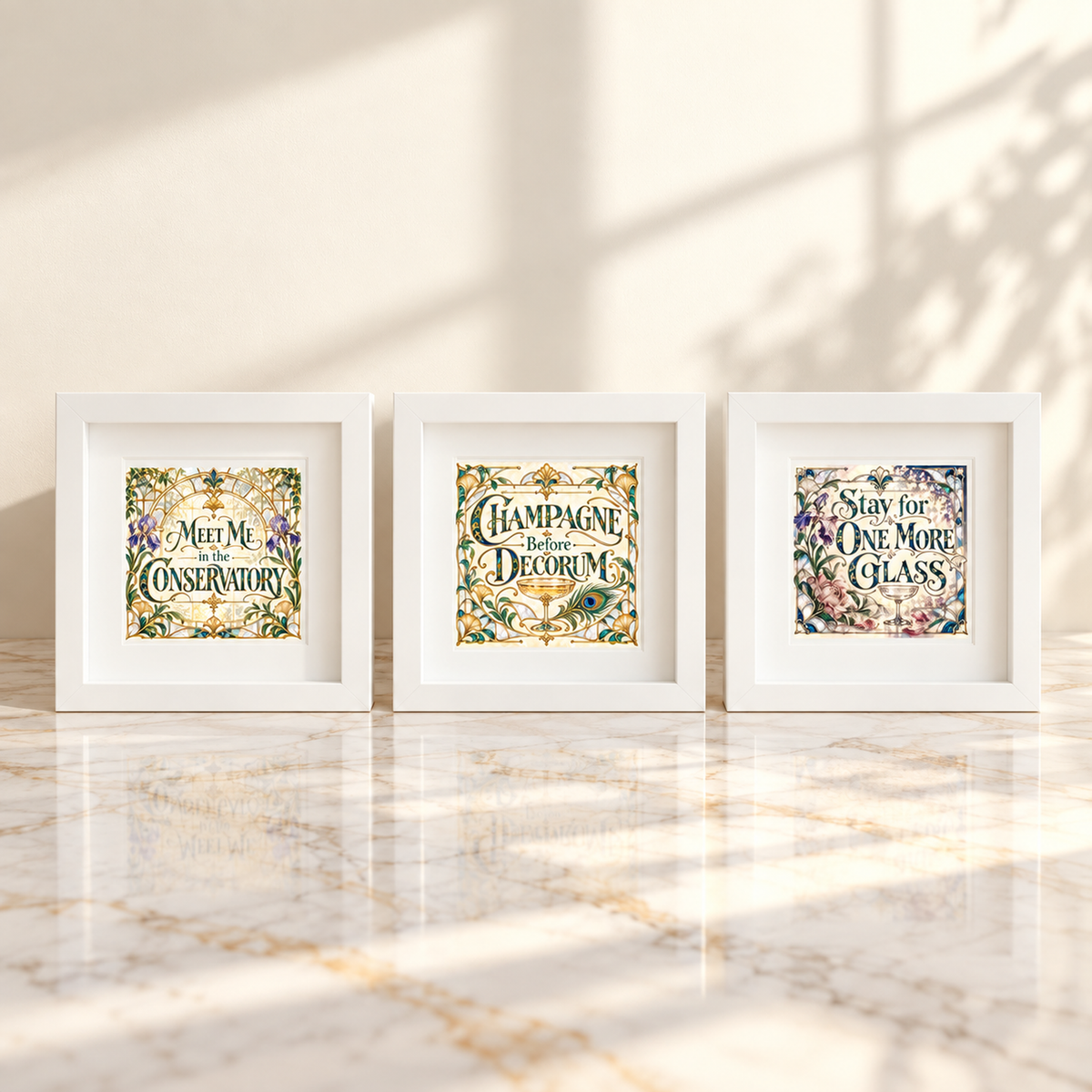 Elevate your space with the Conservatory After Hours 5x5 Shadowbox Trio by Mirabilia Boutique, part of the Gilded Reverie collection. Featuring three framed prints adorned with floral borders—each reading “Meet Me in the Conservatory,” “Champagne Before Decorum,” and “Stay for One More Glass”—this trio brings sophisticated charm to home bar decor. Displayed on a marble surface, sunlit shadows cascade across the arrangement, enhancing its depth and elegance.