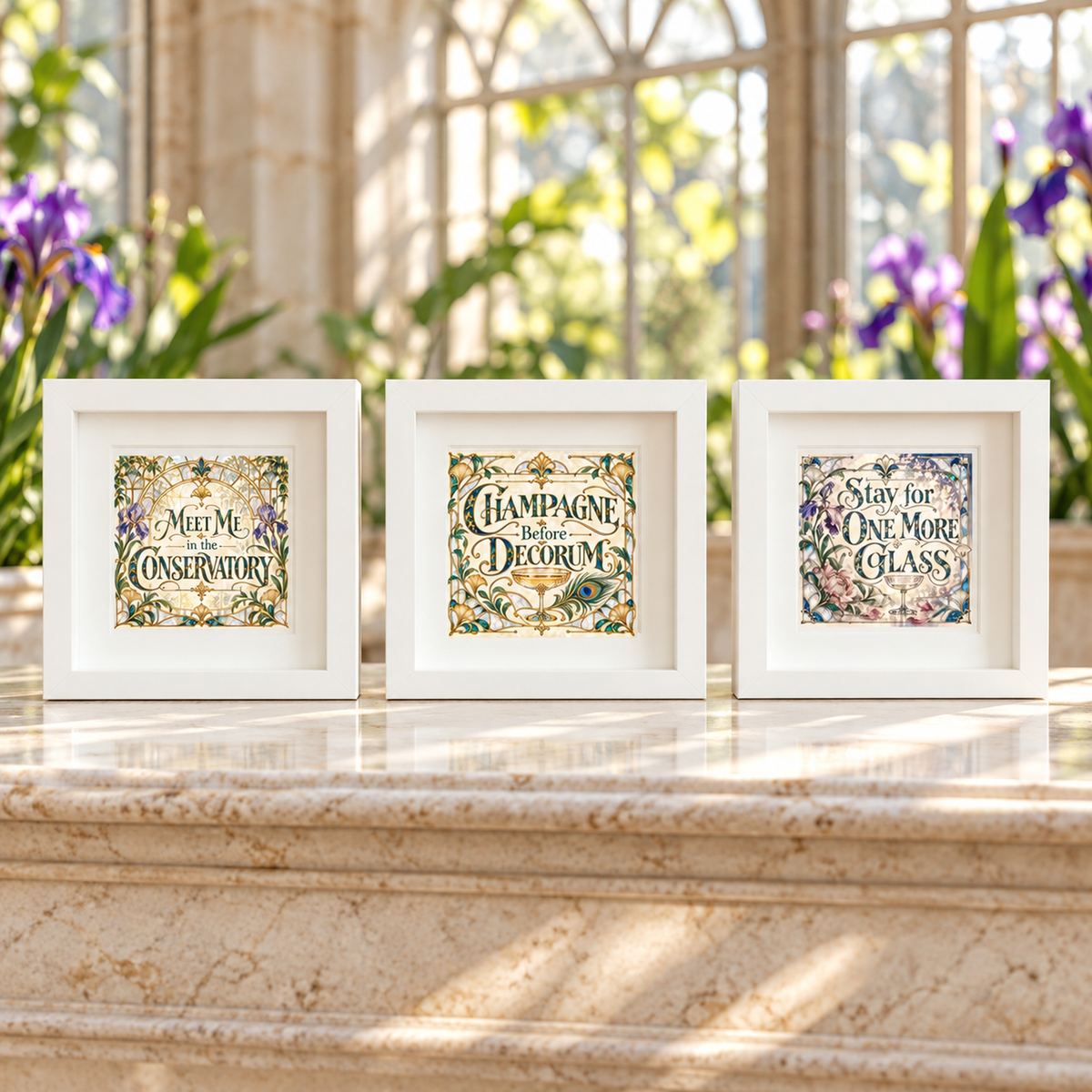 The Conservatory After Hours 5x5 Shadowbox Trio by Mirabilia Boutique features three framed art prints arranged on a marble ledge, each displaying ornate floral designs with the phrases: “Meet Me in the Conservatory,” “Champagne Before Decorum,” and “Stay for One More Glass.” Ideal as home bar decor, this Gilded Reverie collection evokes a sense of elegance as sunlight pours through large windows.
