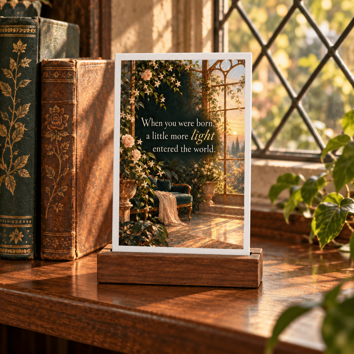 A When You Were Born Light Mini Sign | Gilded Reverie on a small wooden stand, featuring botanical decor and an illustration of a sunlit conservatory with the text, “When you were born, a little more light entered the world.”