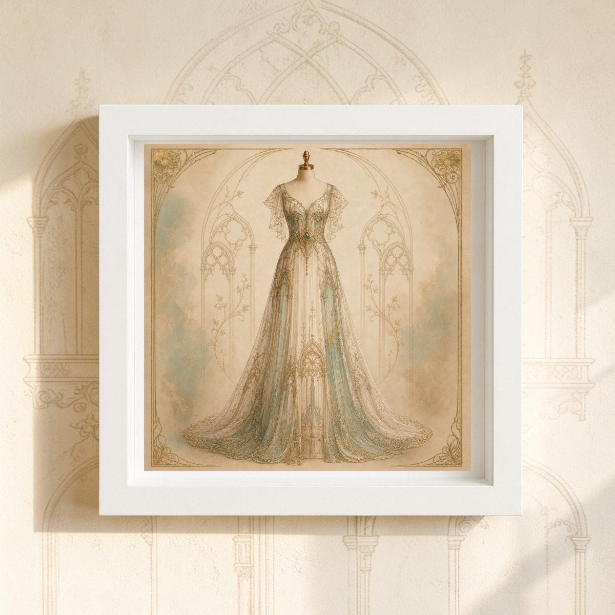 Introducing Conservatory Grace | Curated Couture Artwork by Mirabilia Boutique—a framed canvas masterpiece showcasing an ornate, vintage-inspired gown draped elegantly over a dress form. This sophisticated piece features delicate lace and soft pastel accents, set against a backdrop of refined architectural arches and floral motifs in true Art Nouveau style. Designed to perfectly complement the graceful dress illustration, this wall art is an exquisite choice for curated interiors seeking timeless allure.