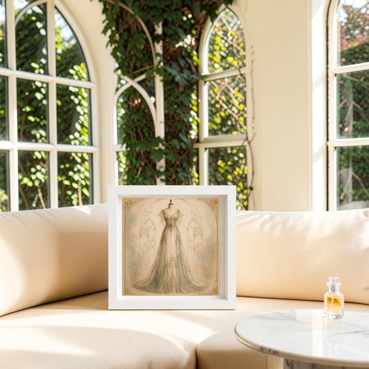 Conservatory Grace | Curated Couture Artwork by Mirabilia Boutique, a framed illustration of an elegant gown inspired by Art Nouveau wall art, rests elegantly on a cream-colored sofa in a sunlit room with arched windows and lush greenery visible outside. Nearby, a small glass bottle sits atop a round marble table, completing the curated interiors with refined charm.