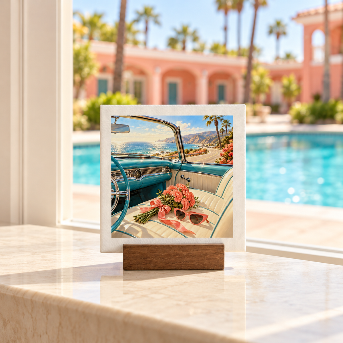 The Best Is Still Ahead Birthday Mini Sign, a square mid-century print in a wooden stand, shows a vintage convertible car interior with pink flowers and sunglasses against a coastal ocean view.