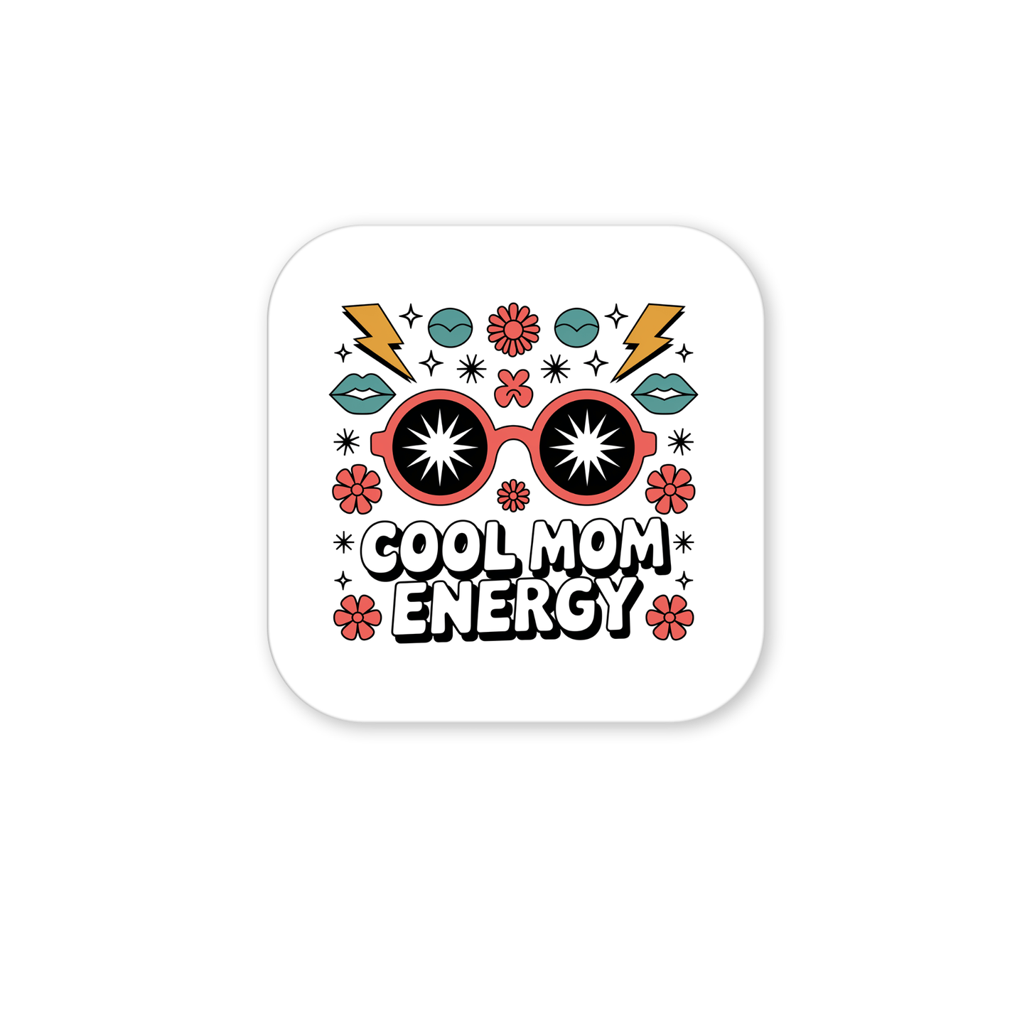 Mirabilia Boutique’s Cool Mom Energy Magnet features a square retro design with red sunglasses, blue lips, gold lightning bolts, flowers, stars, and “COOL MOM ENERGY” text—a bold and fun Mother’s Day gift.