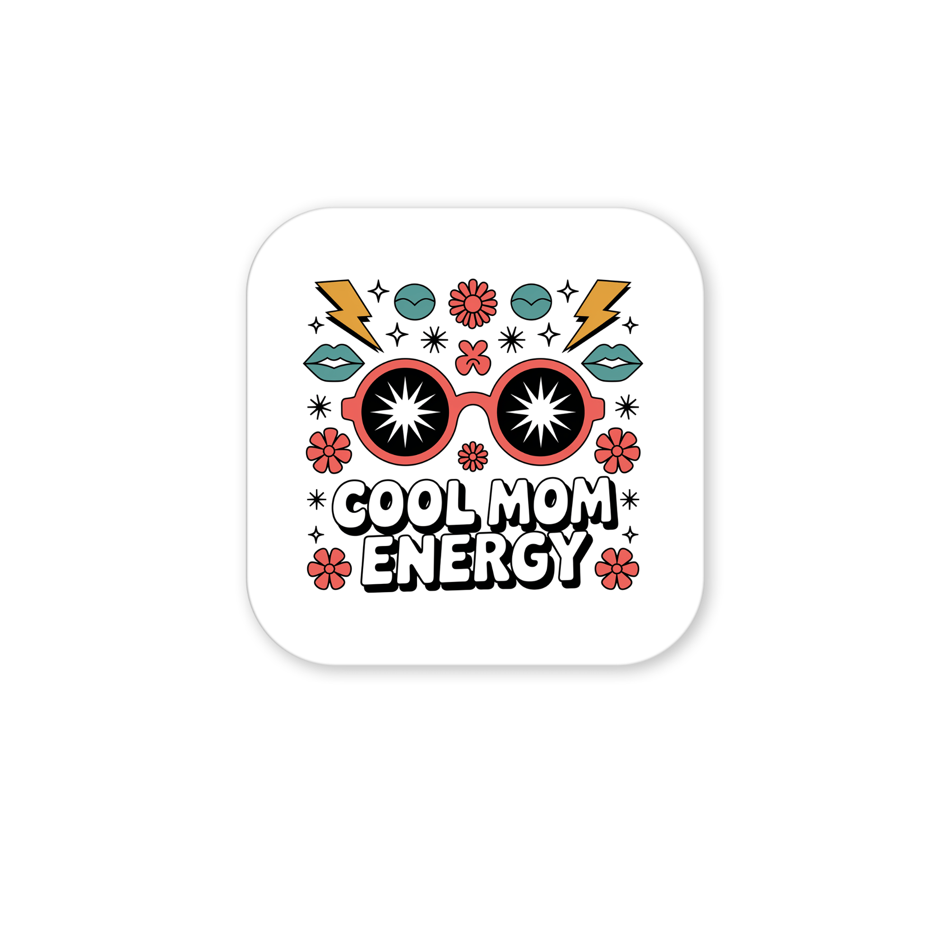 Mirabilia Boutique’s Cool Mom Energy Magnet features a square retro design with red sunglasses, blue lips, gold lightning bolts, flowers, stars, and “COOL MOM ENERGY” text—a bold and fun Mother’s Day gift.