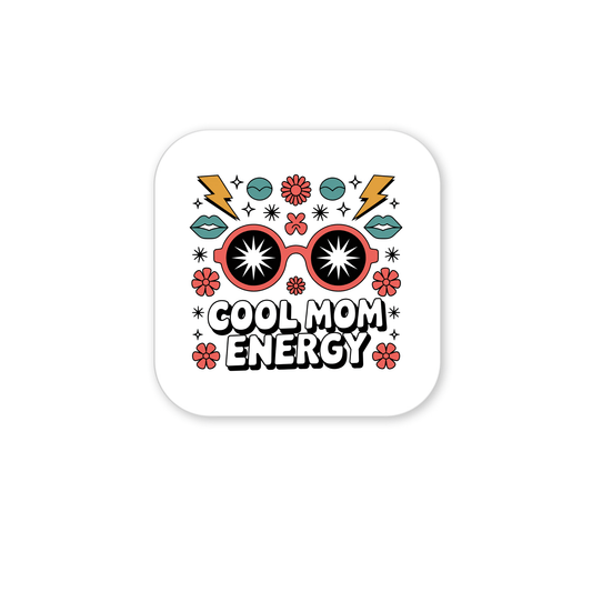 Mirabilia Boutique’s Cool Mom Energy Magnet features a square retro design with red sunglasses, blue lips, gold lightning bolts, flowers, stars, and “COOL MOM ENERGY” text—a bold and fun Mother’s Day gift.