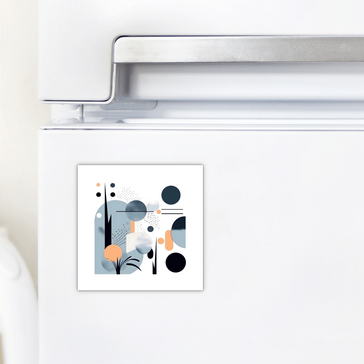 The Coastal Sunrise Mid Century Modern Magnet by Mirabilia Boutique, featuring geometric shapes and muted colors, is displayed near the handle on a white refrigerator door.