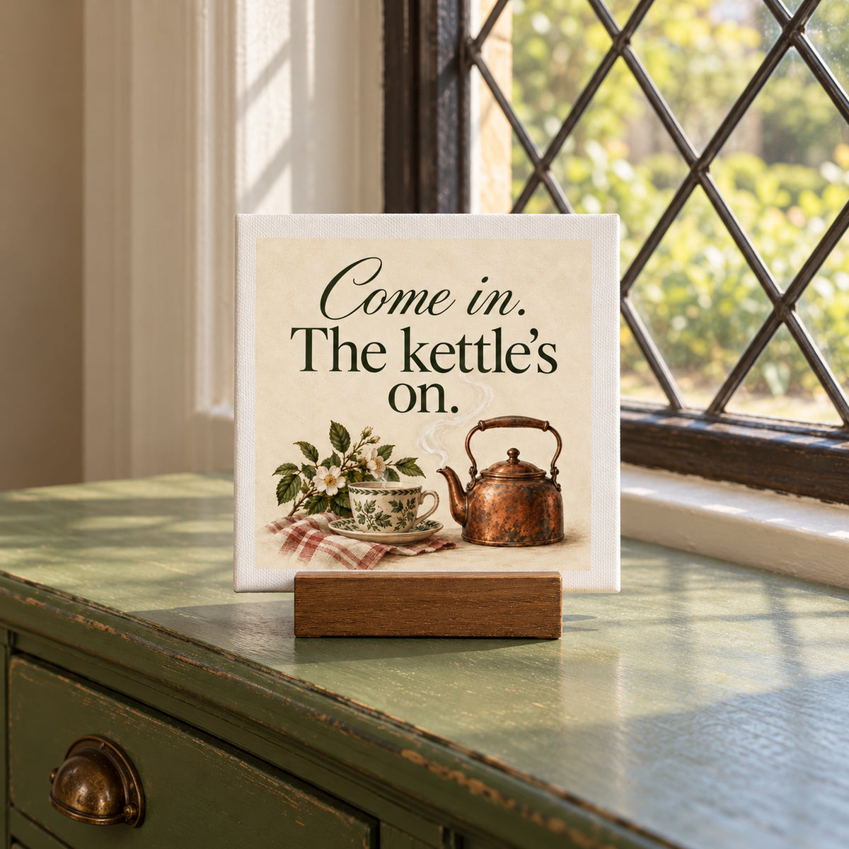 A Come In, The Kettle’s On Mini Canvas | Briar & Gable featuring an illustration of a tea cup and copper kettle with the text “Come in. The kettle’s on,” perfect for tea corner decor.