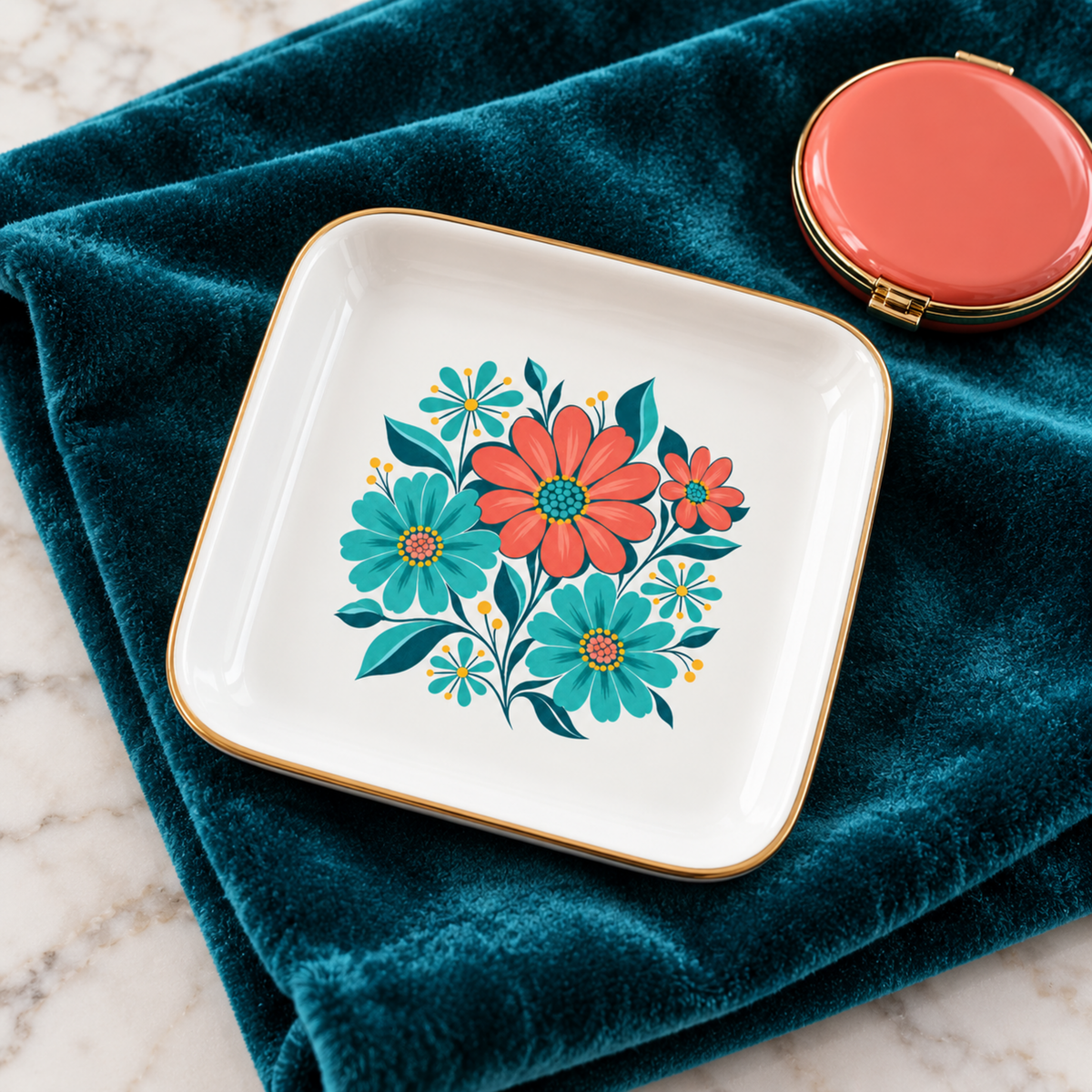 Poolside Petals Ceramic Jewelry Tray by Mirabilia Boutique, a square white ceramic tray with a teal and coral floral pattern, resting on a blue velvet cloth next to a round coral compact.