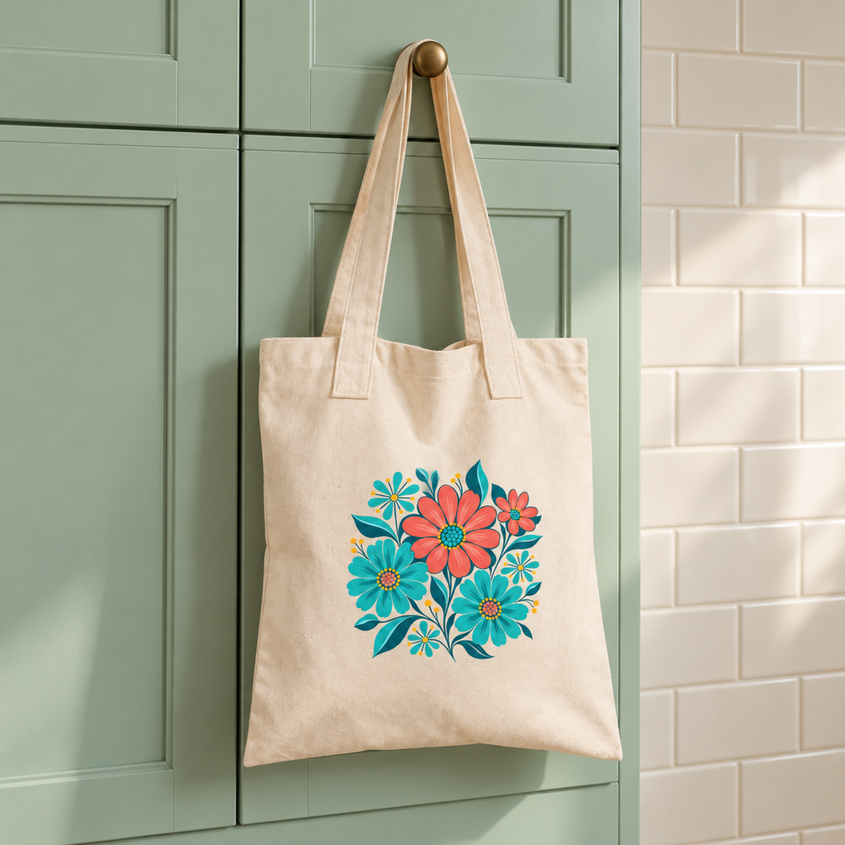 A Poolside Petals Floral Tote | Chrome & Starlight hanging on a cupboard door, printed with a colorful mid-century botanical graphic of coral and teal flowers.