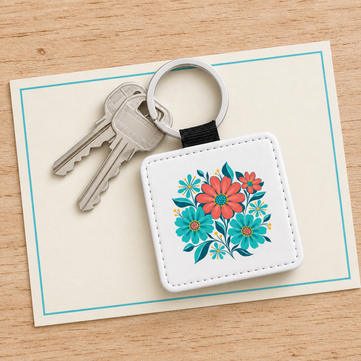 Square Poolside Petals Floral Keychain in turquoise and coral, attached to two metal keys on a ring.