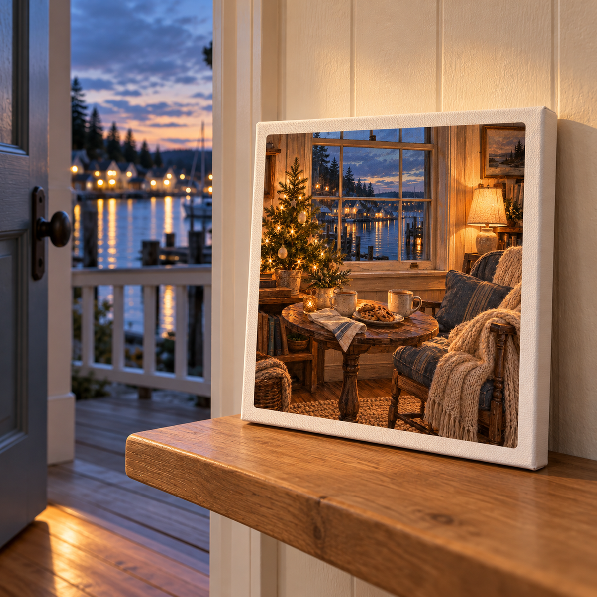 The Warm Room Canvas | Salt & Story by Mirabilia Boutique, a gallery-wrapped print of a cozy room with a lit Christmas tree and a small dining table, sits on a wooden shelf in a doorway overlooking a harbor at dusk.