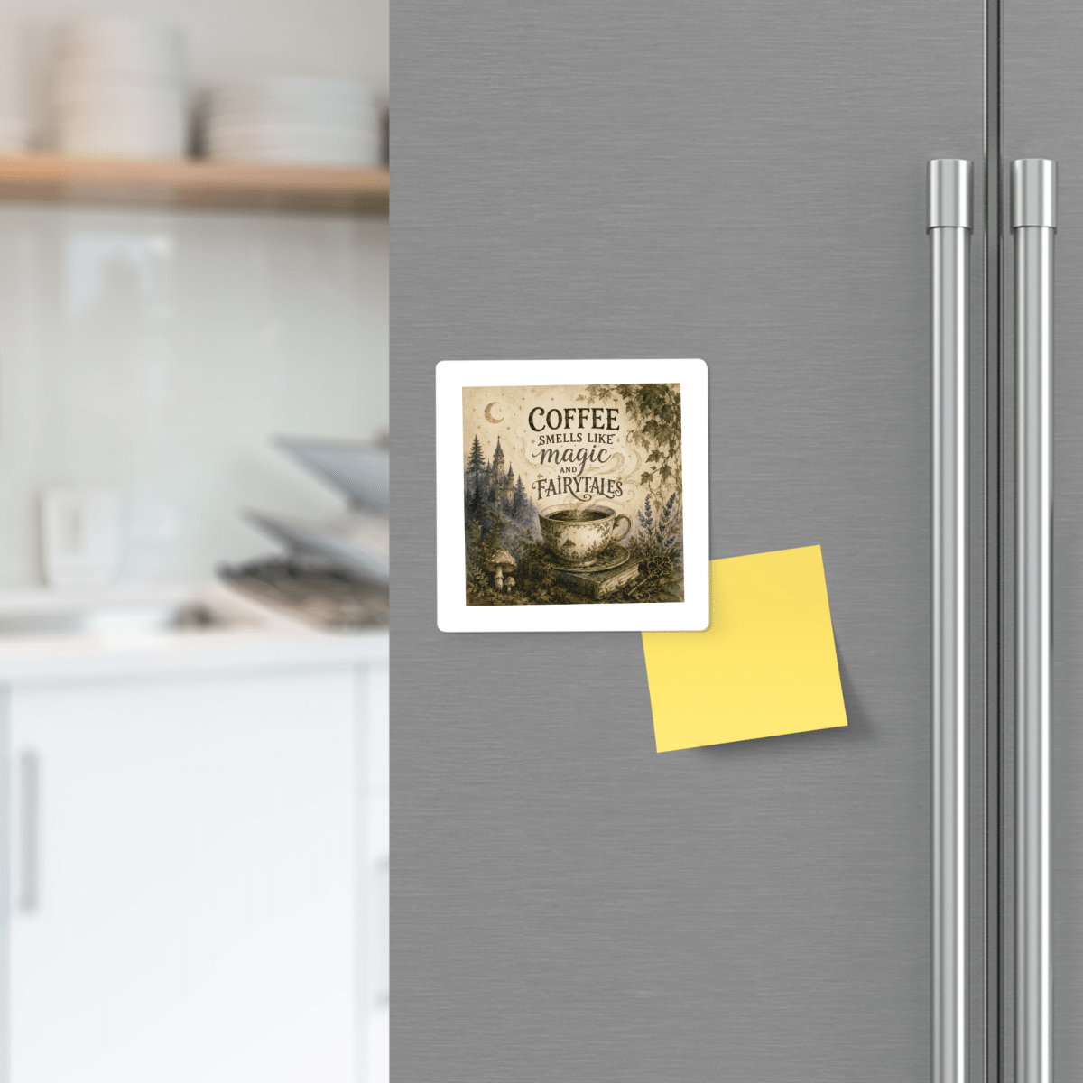 On the fridge door, a Mirabilia Boutique "Coffee Smells Like Magic And Fairytales Magnet"—featuring a coffee cup and forest design—adds a touch of whimsical charm next to a blank yellow sticky note, enhancing the kitchen decor with its fairy tale inspiration.