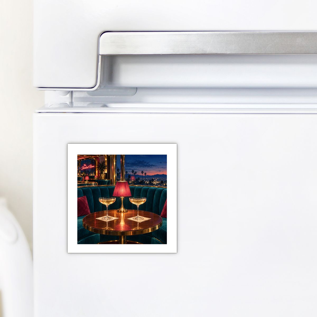 A square Cocktails at the Stardust Magnet on a refrigerator door showing a cozy bar booth with two drinks and a lamp at sunset.