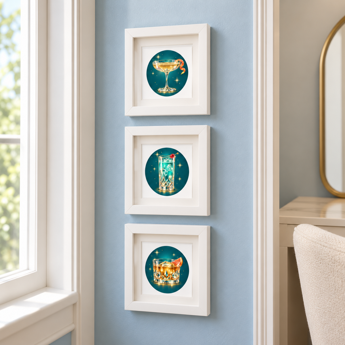 Three “An Evening at the Stardust | Mirabilia Relics” shadowbox frames by Mirabilia Boutique hang vertically on a light blue wall, each displaying a unique cocktail illustration on a teal background.