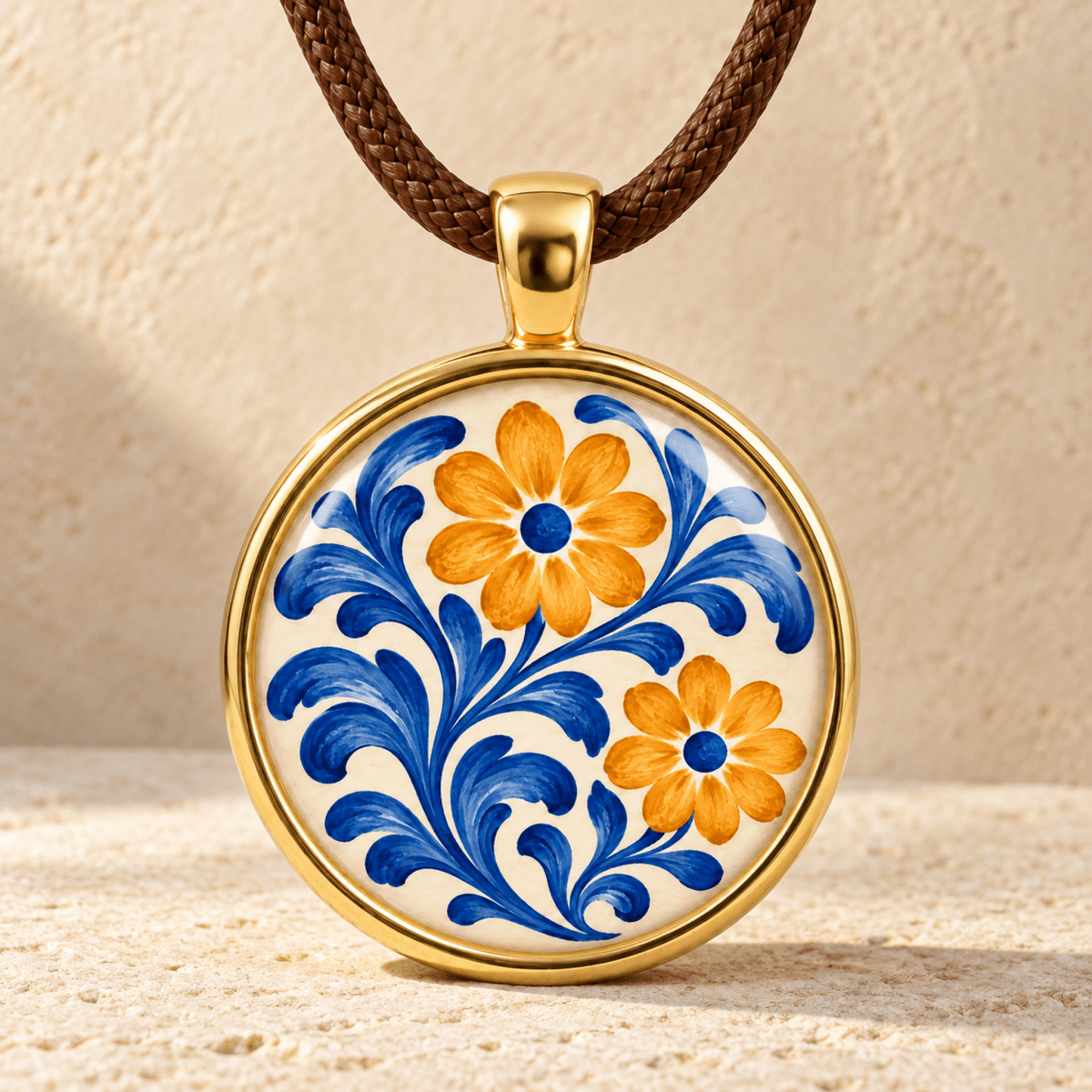 Courtyard Bloom Floral Pendant Necklace featuring a round gold glass cabochon with a hand-painted blue and orange floral design on a dark braided cord.