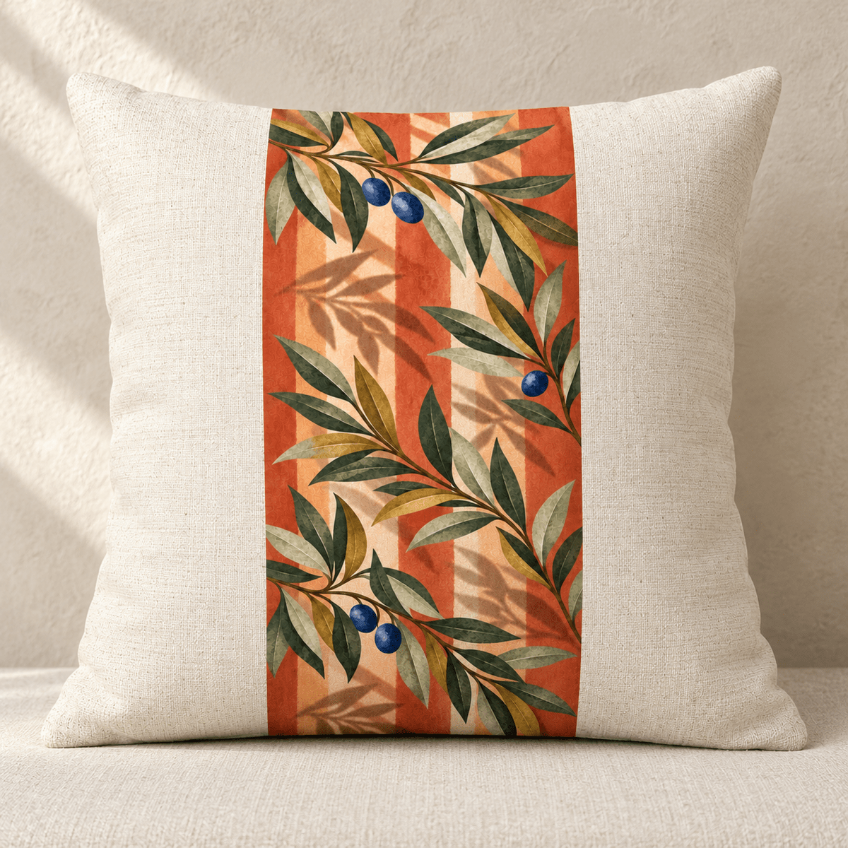 Courtyard Shadow Pillow, a 16-inch square throw pillow featuring a central vertical panel of olive branches and blue olives set against an orange and cream striped botanical background.