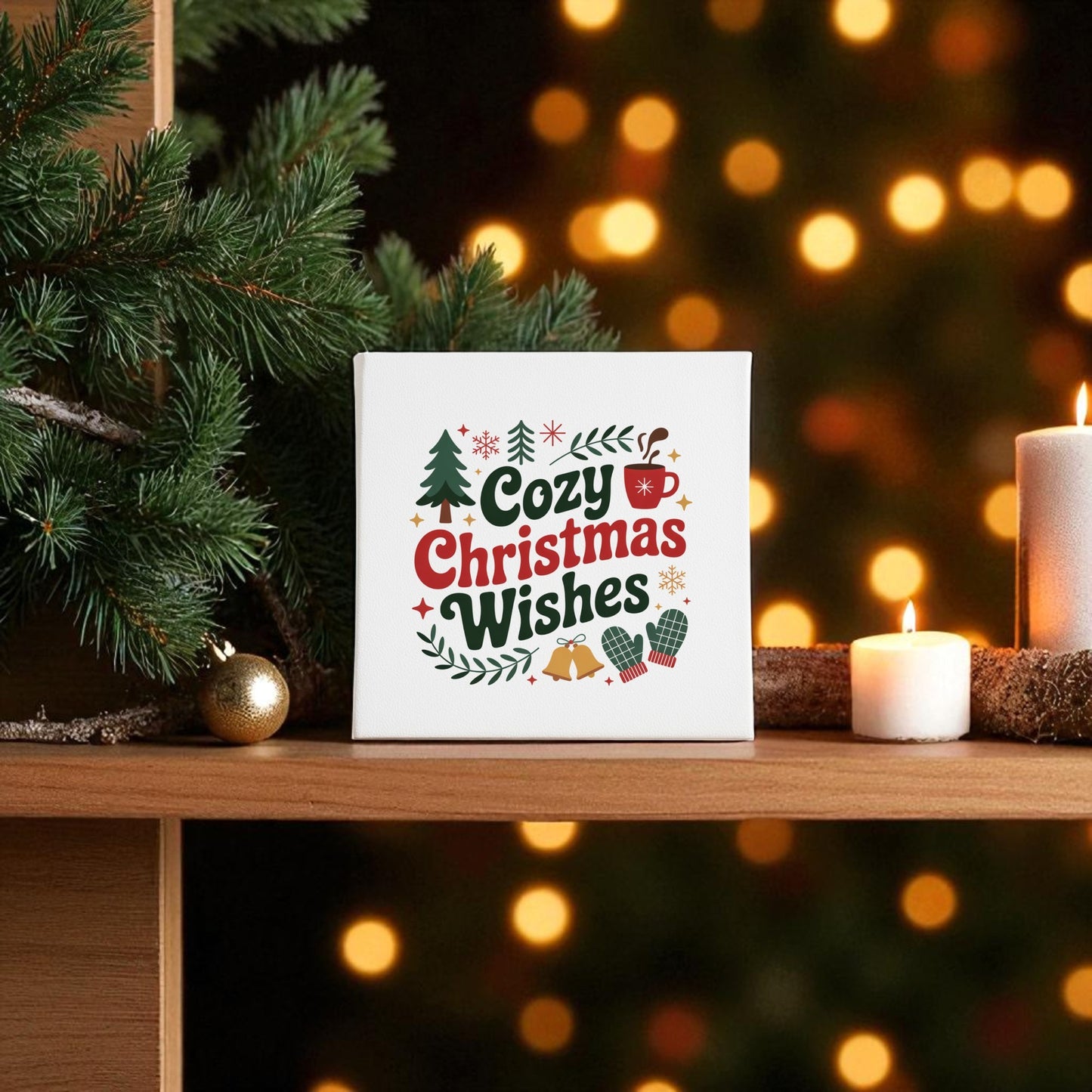A festive shelf with pine branches, a golden ornament, and candles displays the Mirabilia Boutique Cozy Christmas Wishes Canvas | 8x8 Holiday Wall Art amid holiday decor, with blurred Christmas lights shimmering in the background.