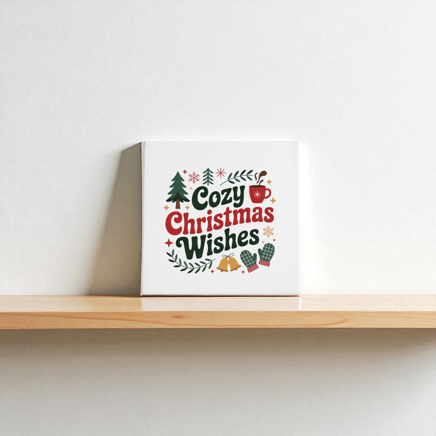 The Mirabilia Boutique Cozy Christmas Wishes Canvas (8x8) features festive art and "Cozy Christmas Wishes"—a charming holiday wall decor piece perfect for any space.