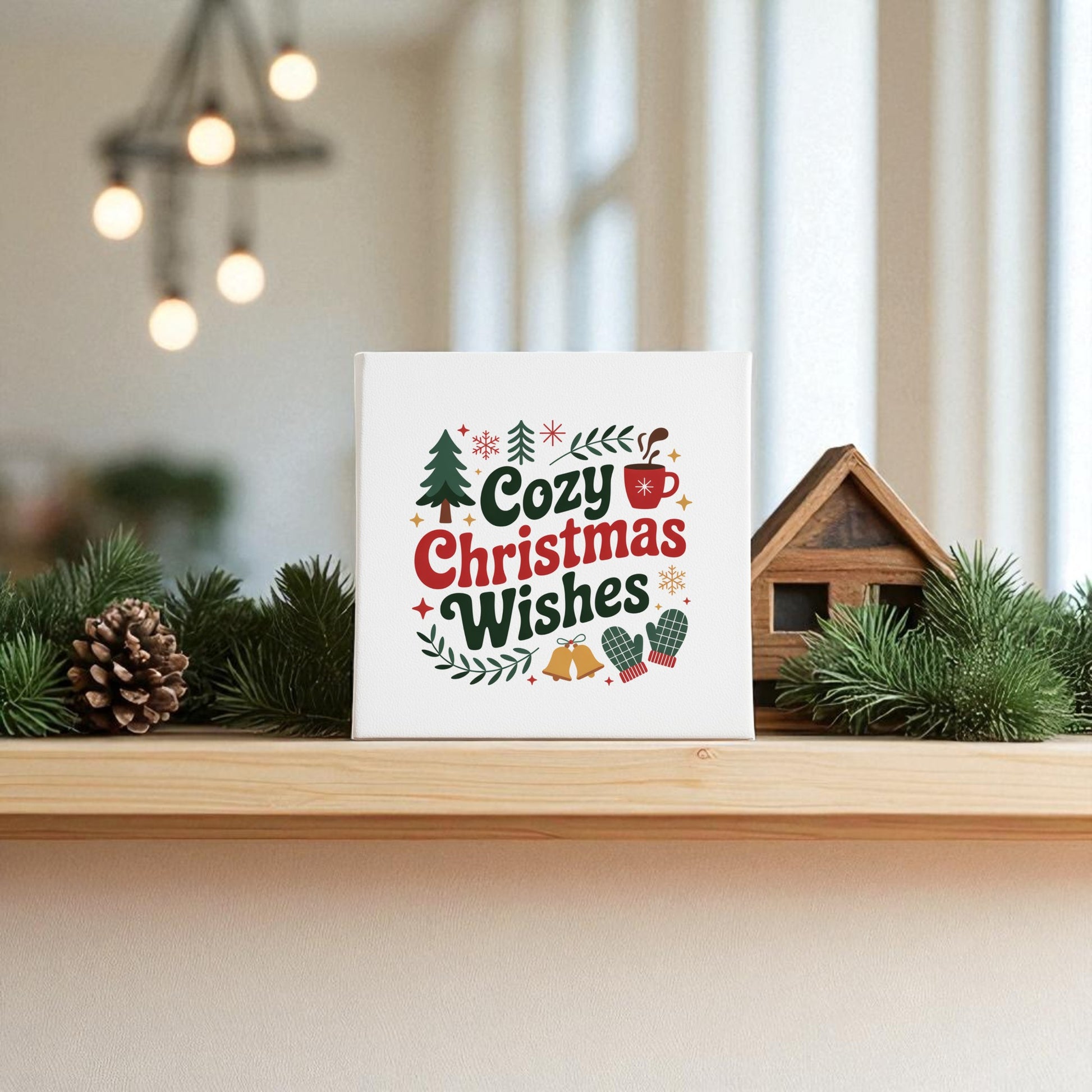 The Mirabilia Boutique "Cozy Christmas Wishes Canvas" (8x8 Holiday Wall Art) brings festive charm to your mantel, displayed with pine branches and a wooden house, while blurred lights in the background create a warm holiday ambiance.