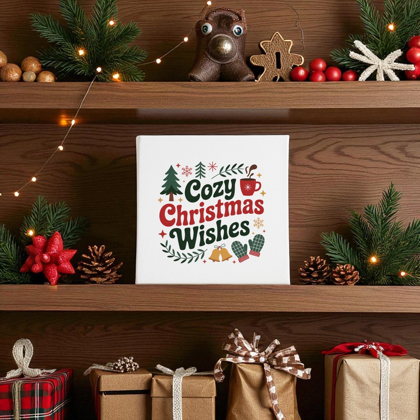 A festive shelf features wrapped gifts, pinecones, ornaments, evergreens, and the Mirabilia Boutique Cozy Christmas Wishes Canvas 8x8 wall art—decorated with winter illustrations—for charming holiday decor.