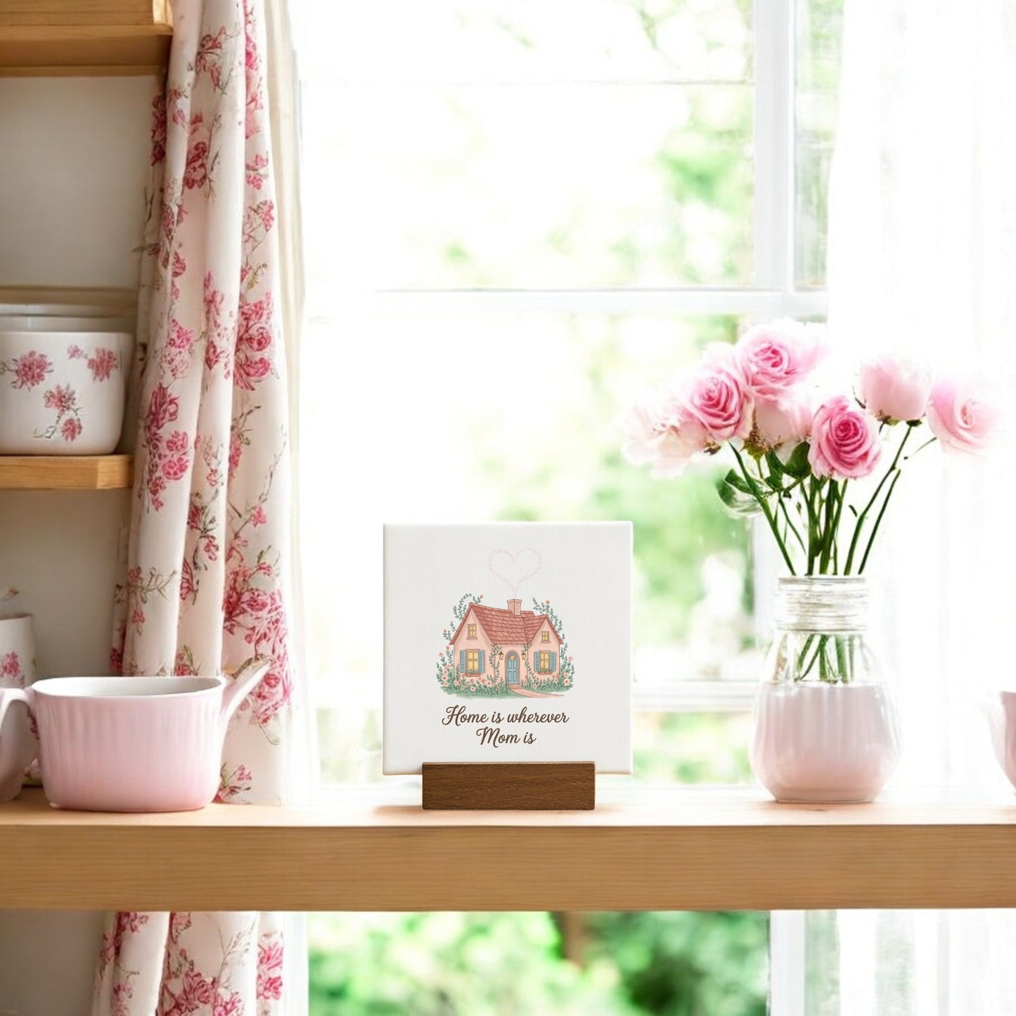 A sunny kitchen windowsill features Mirabilia Boutique’s "Home Is Wherever Mom Is Mini Sign"—the perfect Mother’s Day gift—displayed beside pink roses and pastel kitchenware for a warm, inviting scene.