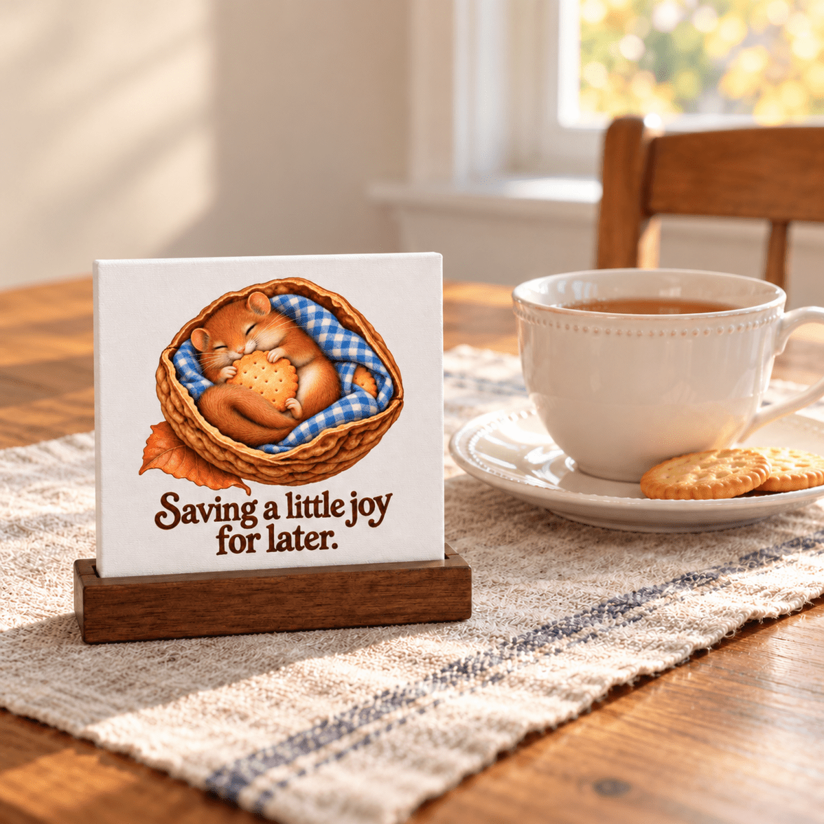 A Saving a Little Joy Mini Sign featuring a small square canvas on a wooden base depicting a sleeping dormouse clutching a round cracker in a basket with the text “Saving a little joy for later.”