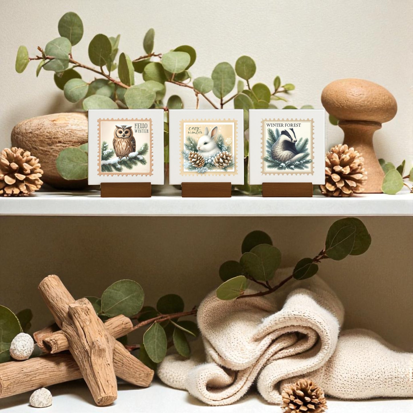A shelf showcases cozy winter decor with pinecones, eucalyptus, wooden mushrooms, cozy beige blankets, driftwood, and the Mirabilia Boutique Winter Forest Mini Sign Trio—4x4 canvas prints featuring owl, rabbit, and bird woodland illustrations.