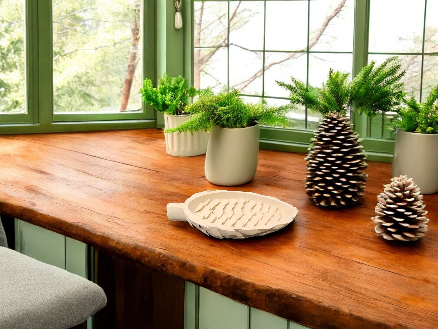 A wooden table by large green-framed windows displays the Mirabilia Boutique Light Brown Pinecone Tray, three pinecones, and potted plants. Soft natural light enhances this cozy, nature-inspired woodland decor.