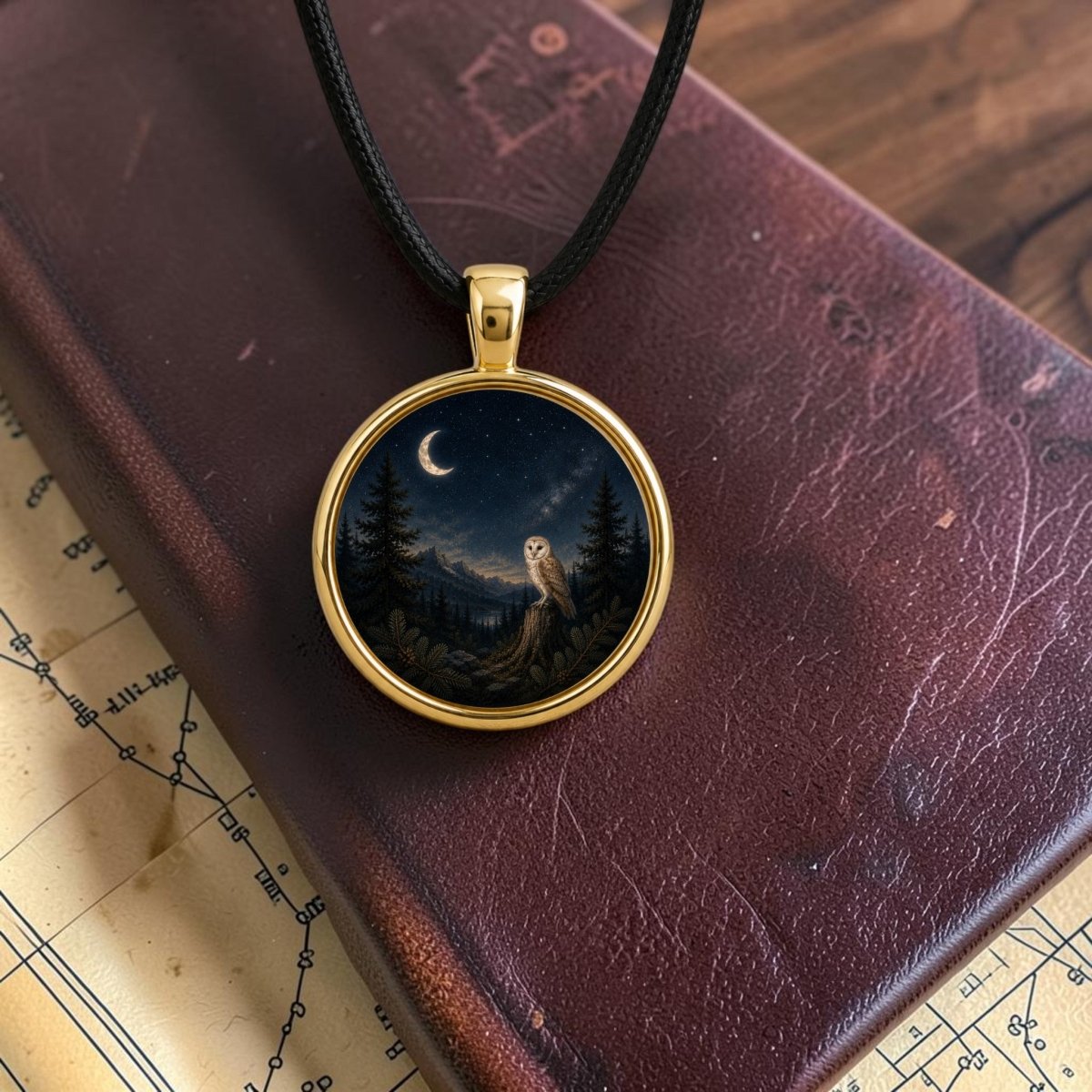 Resting on a brown leather book and a map, the Moonlit Watch Story Pendant Necklace by Mirabilia Boutique features an enchanting illustration of an owl beneath a crescent moon in a night forest, evoking the magic of Star & Solstice.