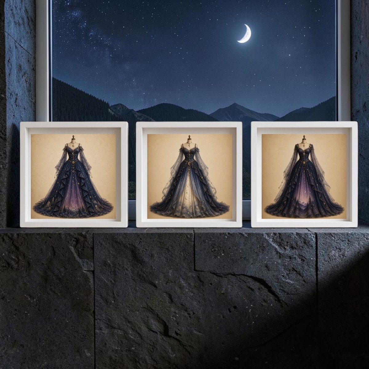 Three pieces from the “Celestial Reverie | Curated Couture Artwork” collection by Mirabilia Boutique—featuring ornate dresses as elegant framed canvas art—are displayed on a stone windowsill at night, with a crescent moon and mountains visible through the window in the background.