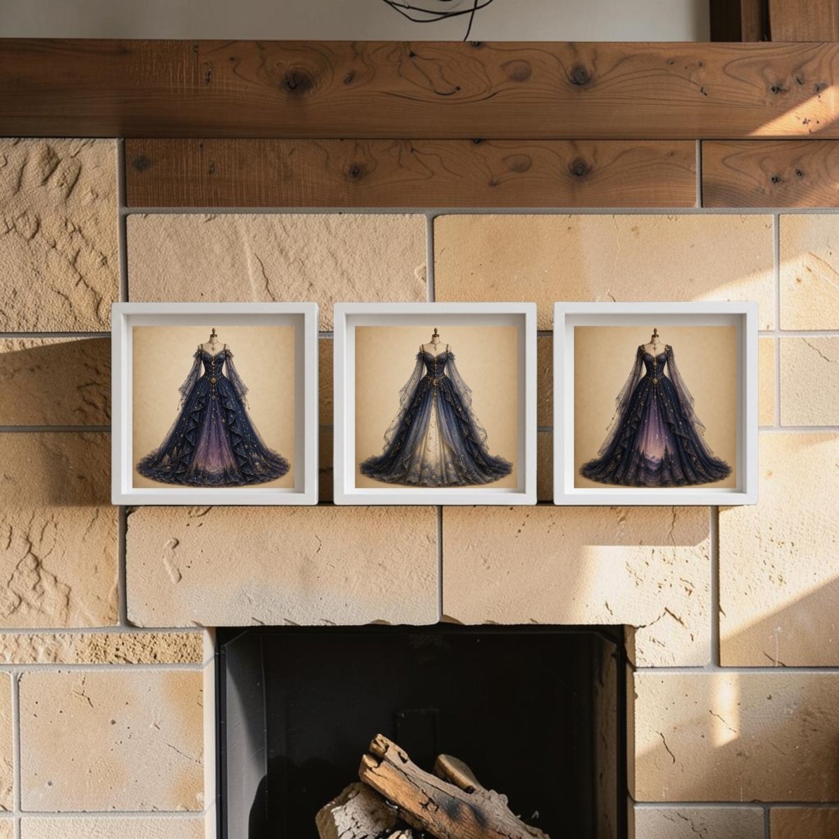 Three framed prints from the Celestial Reverie | Curated Couture Artwork collection by Mirabilia Boutique, featuring elaborate royal-style gowns, hang side by side above a stone fireplace with wood accents and neatly stacked logs inside the hearth. Gently illuminated by warm sunlight, this distinctive wall art creates a refined and inviting atmosphere.