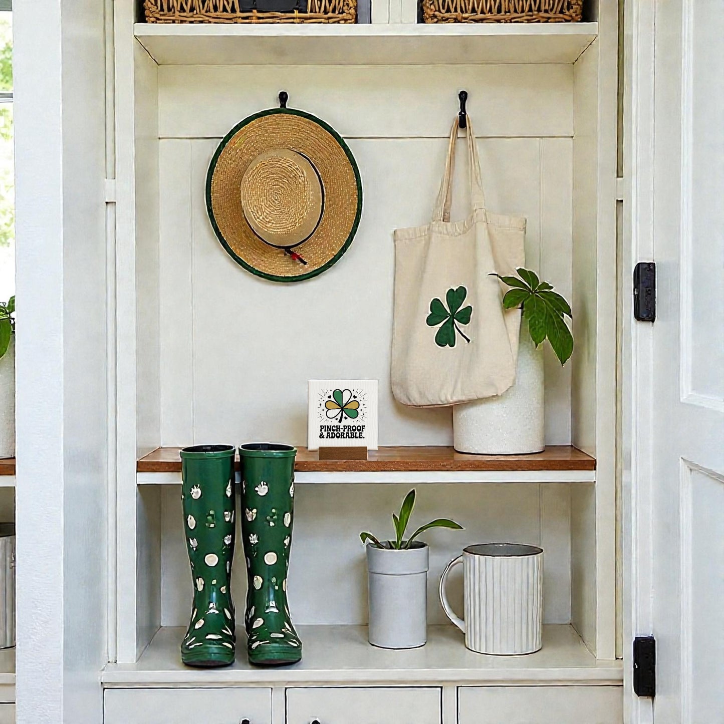 A mudroom shelf features green floral rain boots, a plant, mug, and pitcher below. Above, a straw hat and tote bag with a clover hang near more plants and Mirabilia Boutique’s 4x4 Pinch-Proof & Adorable Canvas Sign reading “Lucky, Lucky & Blessed.”.