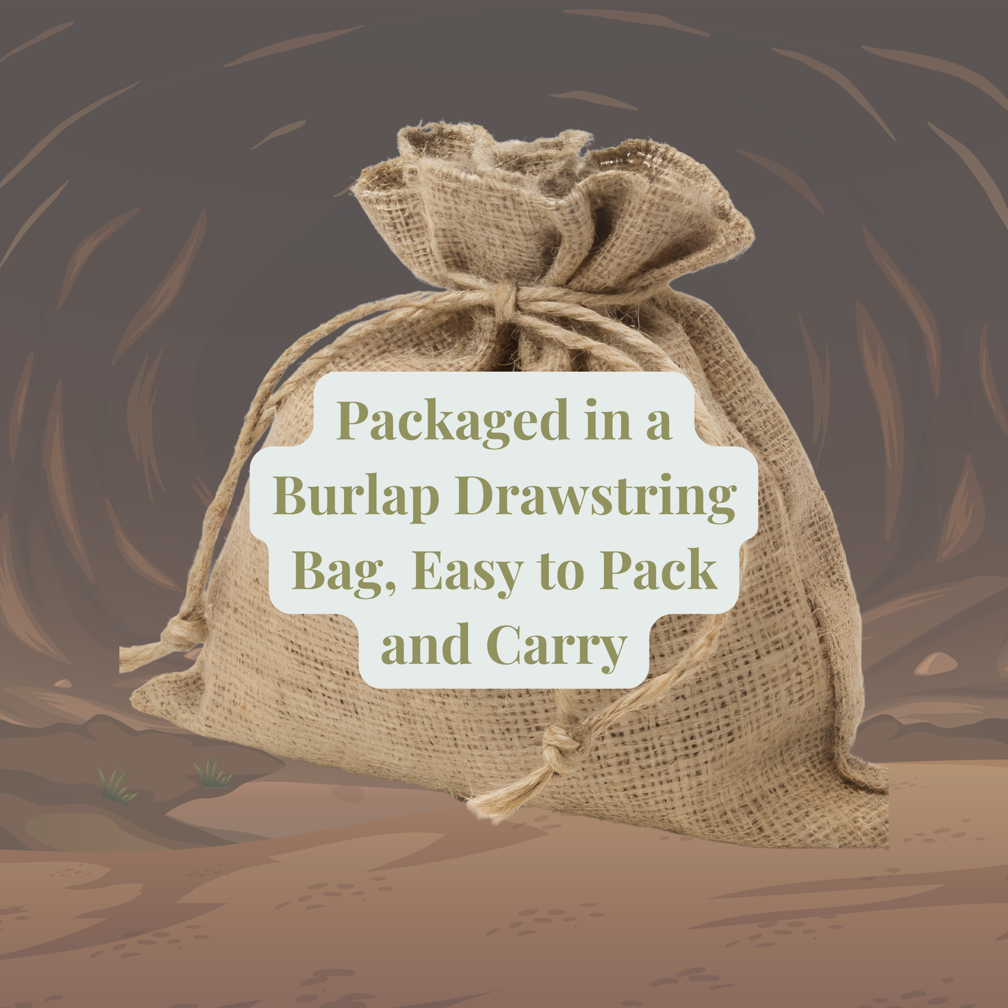 A burlap drawstring bag is tied at the top and set against a brown background. Text on the bag reads: “Packaged in a Burlap Drawstring Bag—easy to pack and carry your Mirabilia Boutique Dinosaur Match Game on the go.”.