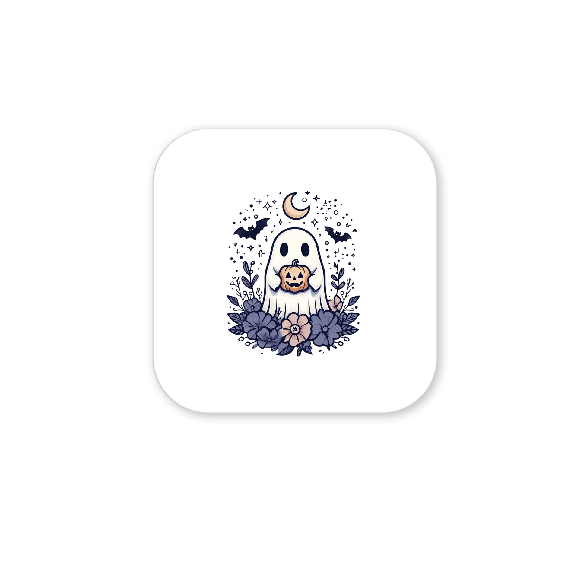 A cartoon dog in a ghost costume is surrounded by purple flowers, bats, stars, and a crescent moon on a white background—making the Mirabilia Boutique Cute Ghost Pumpkin Magnet | Whimsical Halloween Decor the perfect touch of whimsical seasonal style for your Halloween refrigerator decorations.