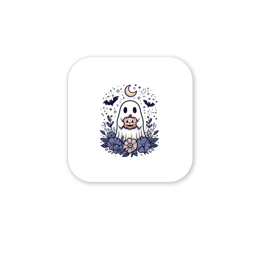 A cartoon dog in a ghost costume is surrounded by purple flowers, bats, stars, and a crescent moon on a white background—making the Mirabilia Boutique Cute Ghost Pumpkin Magnet | Whimsical Halloween Decor the perfect touch of whimsical seasonal style for your Halloween refrigerator decorations.