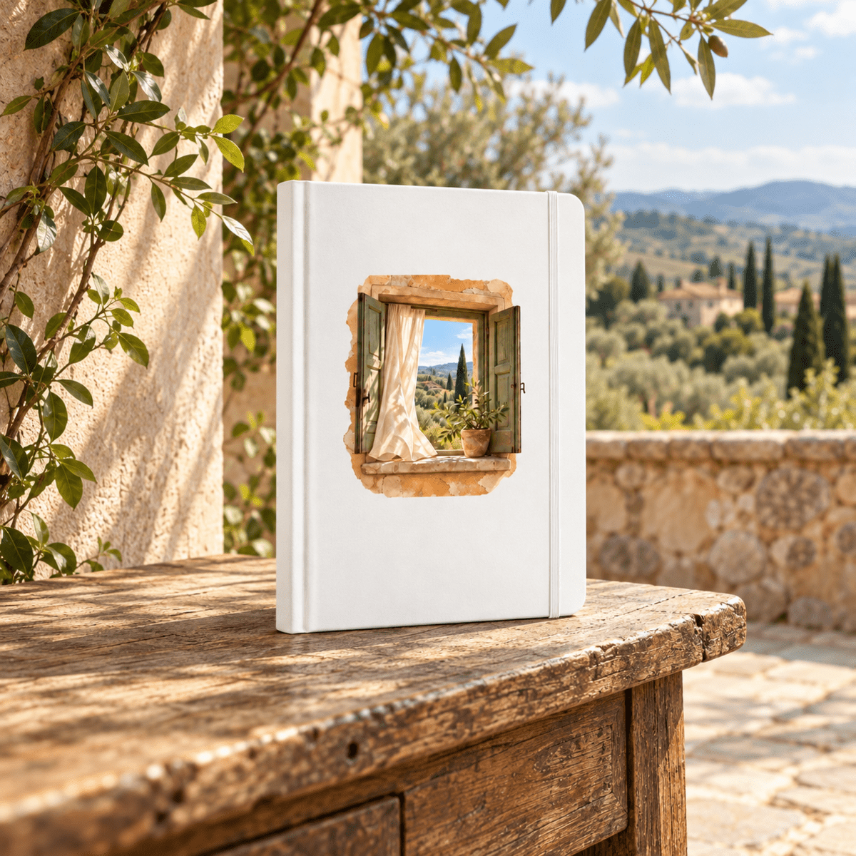 A white Days Still Becoming A5 Journal | Ochre & Cypress featuring an illustration of an open window overlooking a countryside landscape, resting on a rustic wooden table.