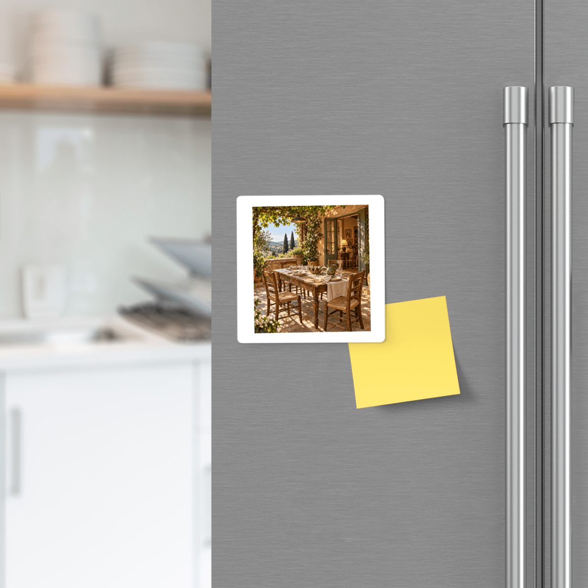 A square One More Place Tuscan Art Magnet | Ochre & Cypress depicting an outdoor dining table on a sunny patio, attached to a stainless steel refrigerator next to a blank yellow sticky note.