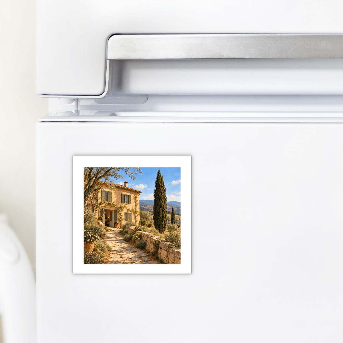 The Path Home Tuscan Art Magnet | Ochre & Cypress is a square decorative magnet on a white refrigerator, depicting a stone villa at the end of a gravel path surrounded by cypress trees.