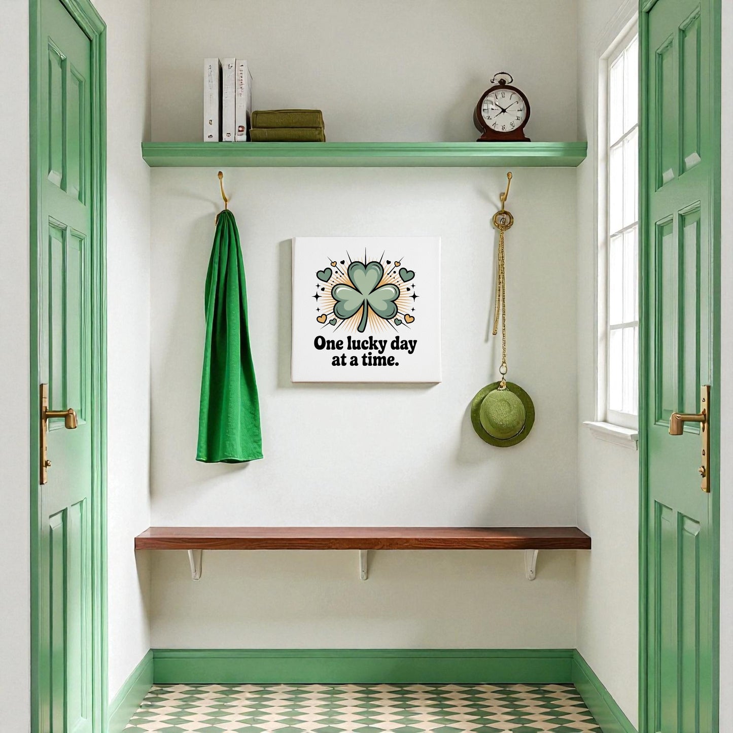 A hallway with green accents features a bench, shelves, clock, towels, coat, and hat. The Mirabilia Boutique "One Lucky Day at a Time" Canvas adds optimism, while the green checkered floor enhances the cheerful decor.