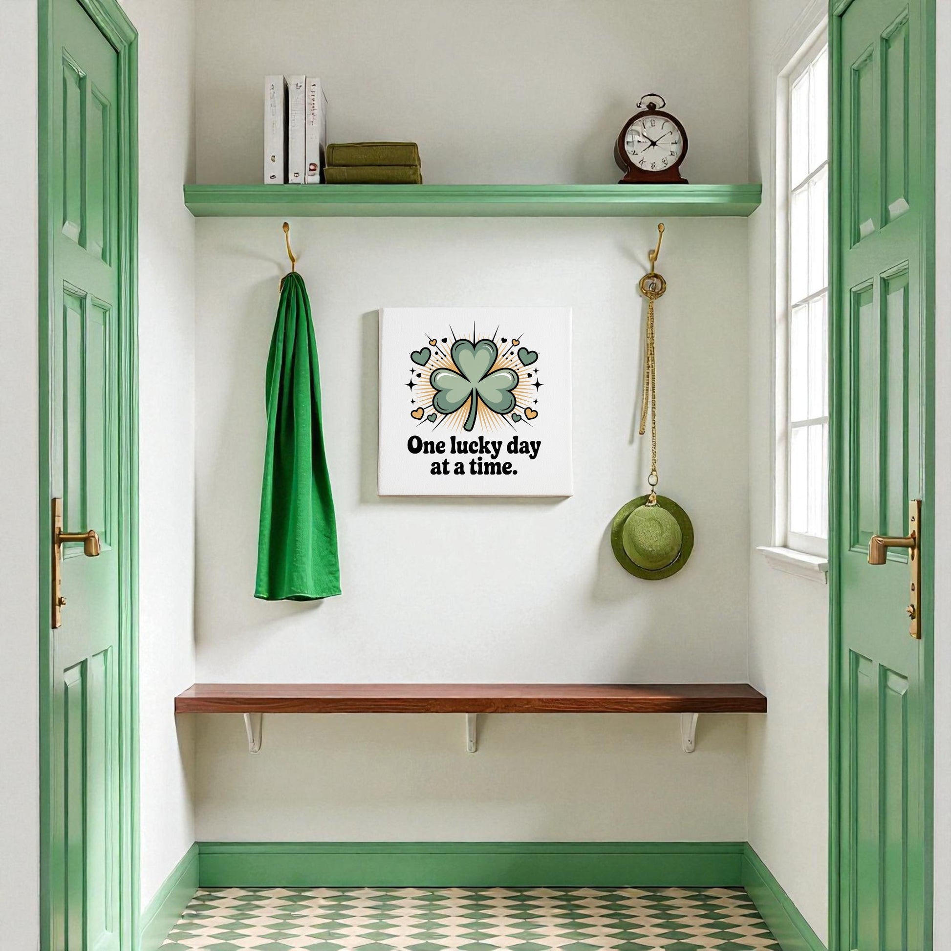 A hallway with green accents features a bench, shelves, clock, towels, coat, and hat. The Mirabilia Boutique "One Lucky Day at a Time" Canvas adds optimism, while the green checkered floor enhances the cheerful decor.