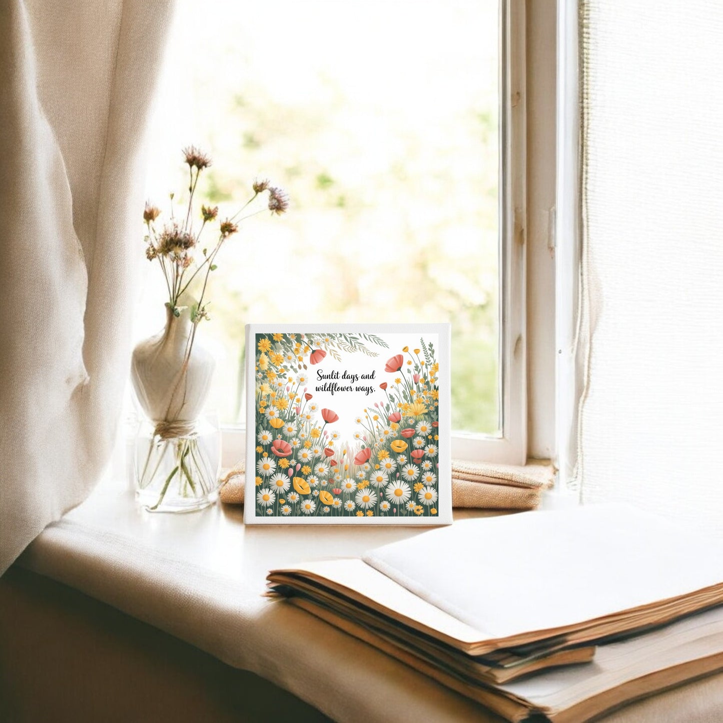 Brighten your space with the "Sunlit Days and Wildflower Ways Canvas – 8x8 Floral Art" by Mirabilia Boutique, featuring delicate birds and blooms in soft light—the perfect cottagecore wall decor.
