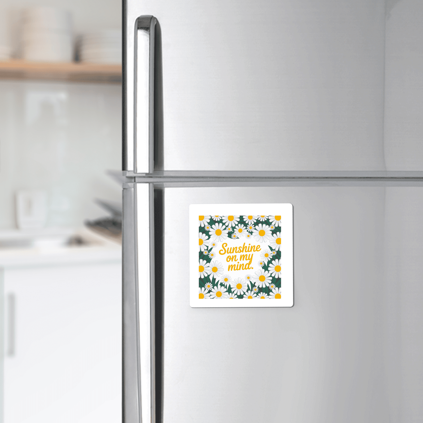 The Sunshine on My Mind Magnet – Daisy Floral Fridge Art from Mirabilia Boutique adds bright decor and a touch of charm to any refrigerator or kitchen.